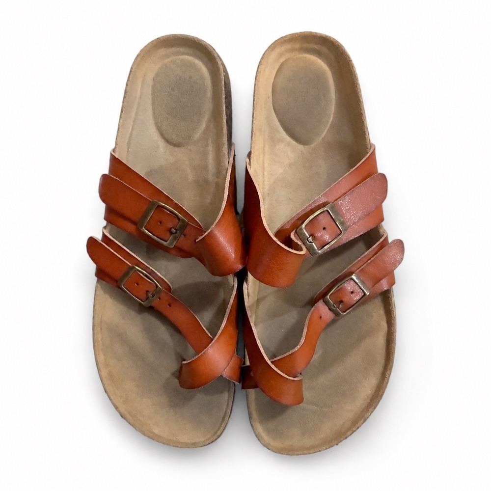 Womens Brown Faux Leather Toe Loop Slide Sandals Adjustable Buckle Straps 7.5